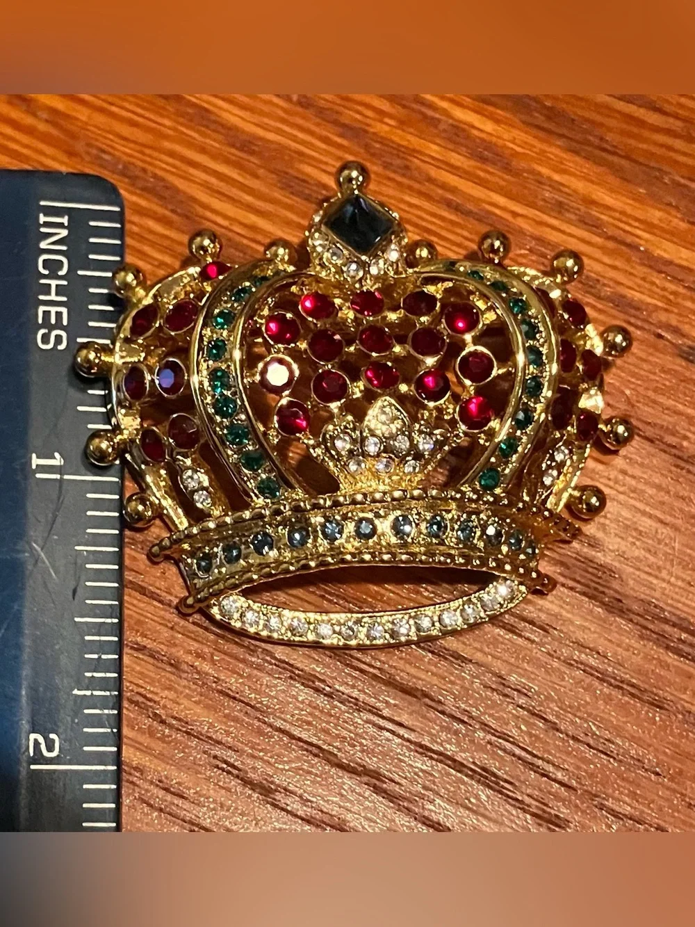 NEW Vintage Kenneth Jay Lane  Gold-Tone Crown Brooch with Red and Green Accents